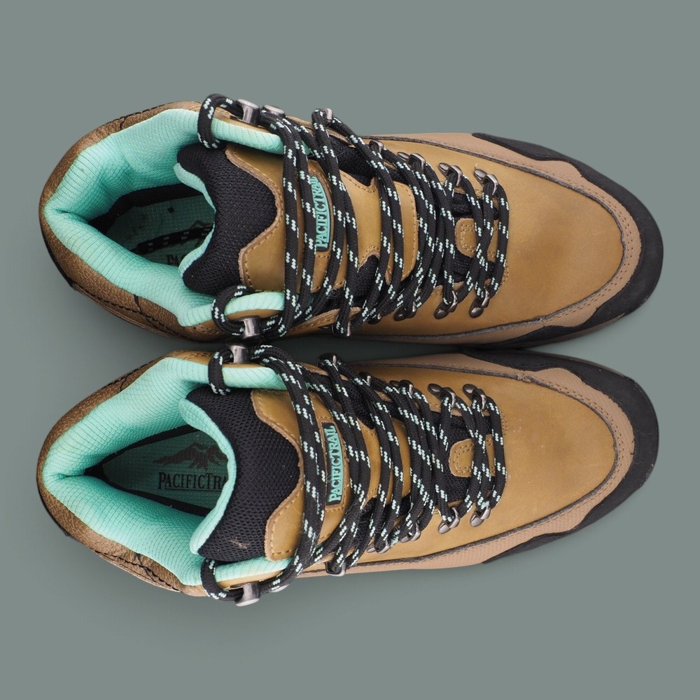 Pacific Trail Womens Waterproof Hiking Boots Tan Mint Green Seafoam Accents 8.5